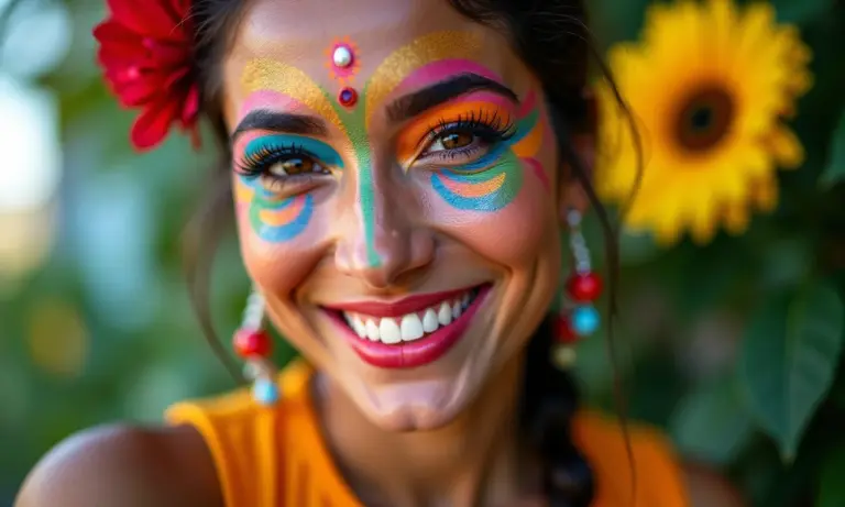 Maquiagem vibrante para festa junina, sorriso radiante.