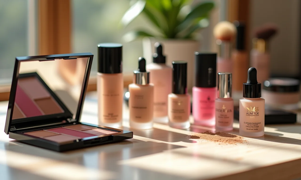 Marcas de corretivos coloridos em uma mesa de maquiagem.