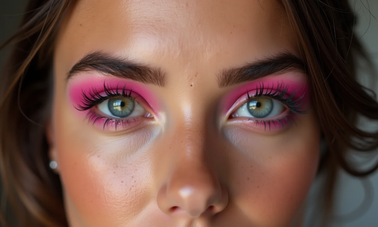 Máscara de cílios rosa para um visual diferente em uma mulher.