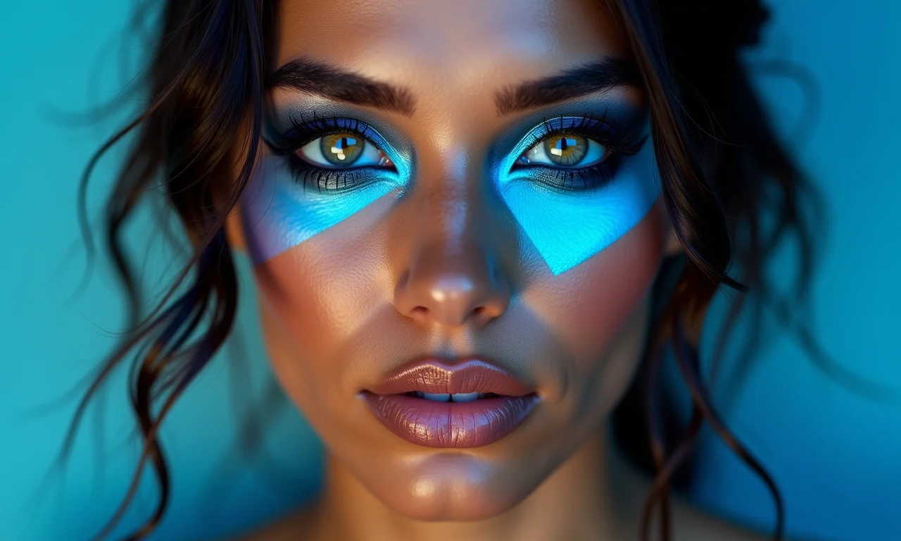 Modelo brasileira com delineado gráfico azul neon.