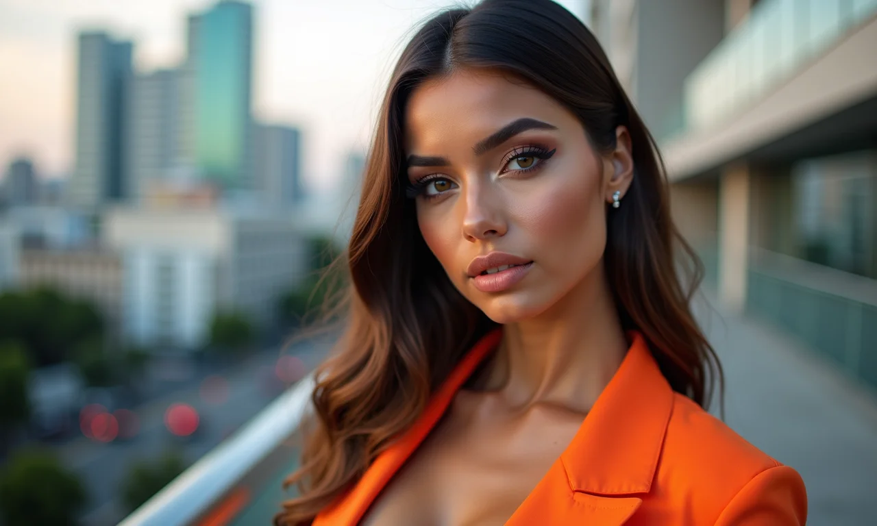 Modelo brasileira com maquiagem moderna para ensaio urbano.