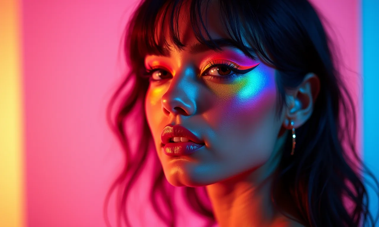 Modelo brasileira com sombra neon vibrante.