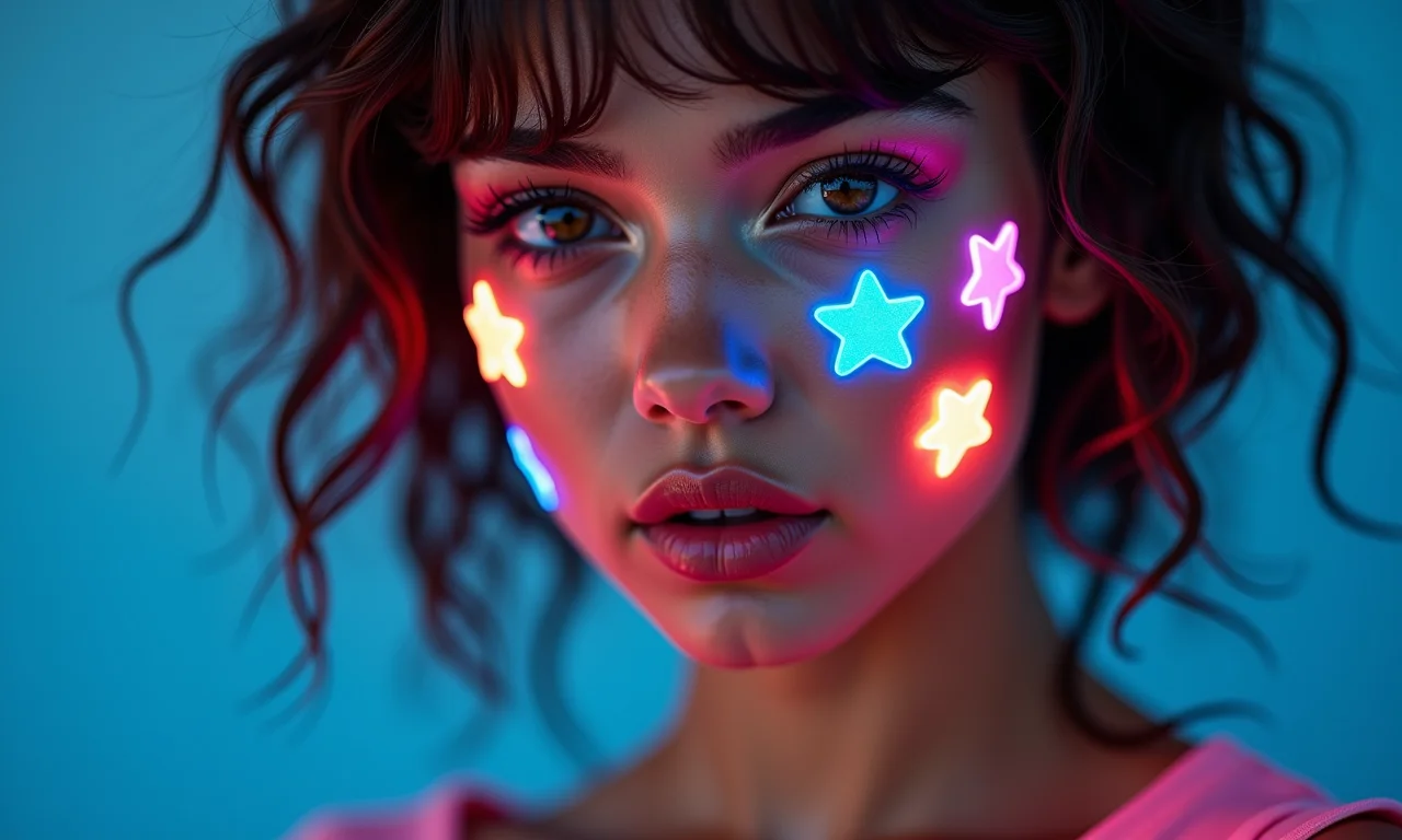 Modelo com adesivos neon e aplicações brilhantes no rosto.