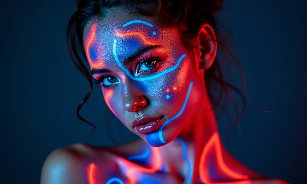 Modelo com body painting neon e design criativo.