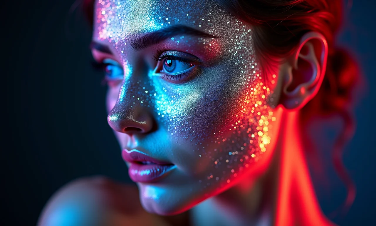 Modelo com rosto coberto de glitter e maquiagem neon brilhante.