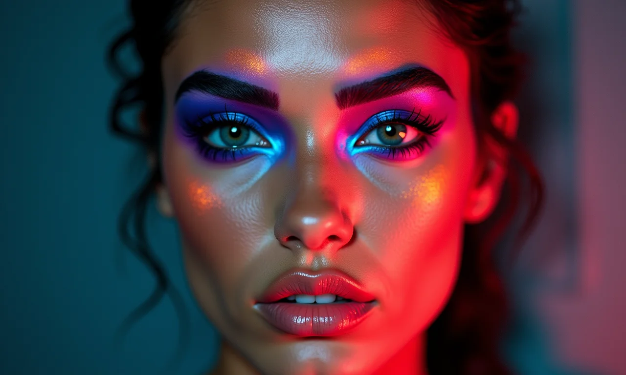 Modelo com sobrancelhas esculpidas e coloridas em maquiagem cybercore.