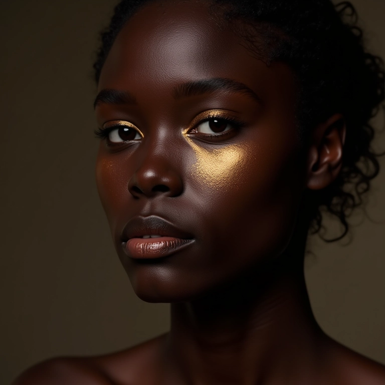 Modelo negra com iluminador mineral acobreado ou bronze escuro.