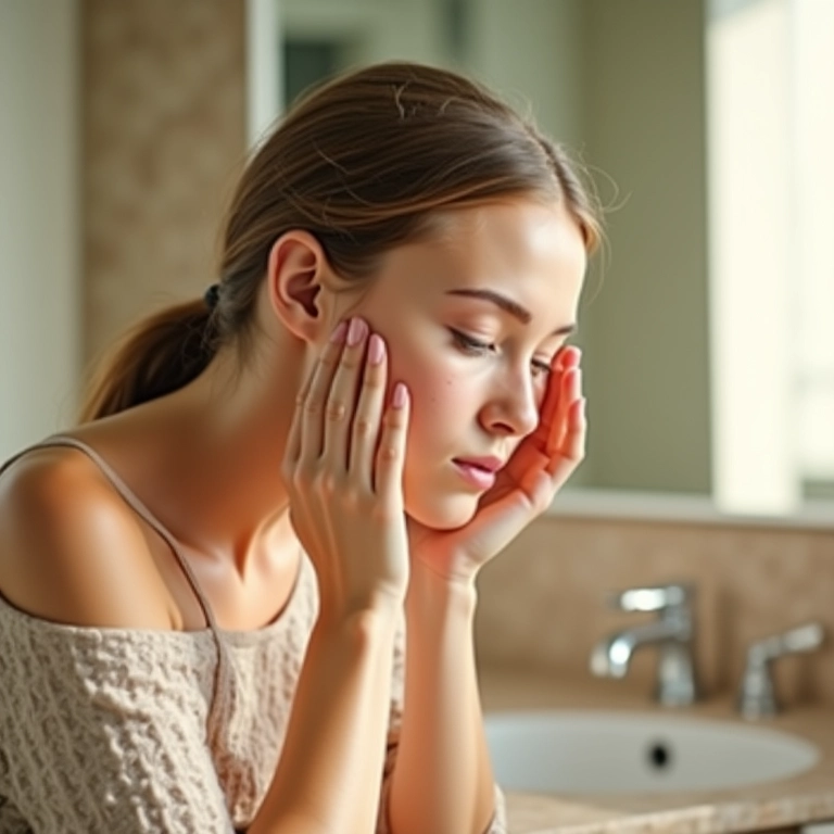 Mulher analisando a pele no banheiro antes de aplicar base não comedogênica.