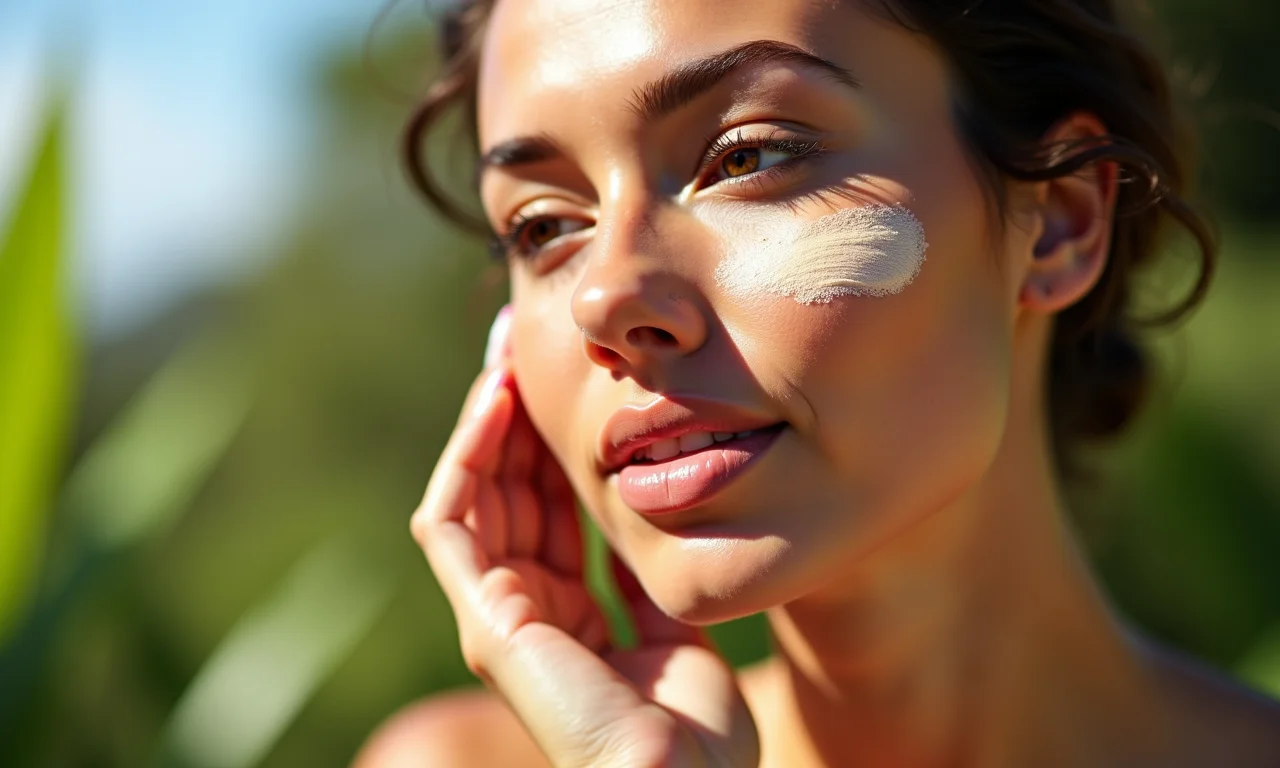Mulher aplicando base com proteção solar.
