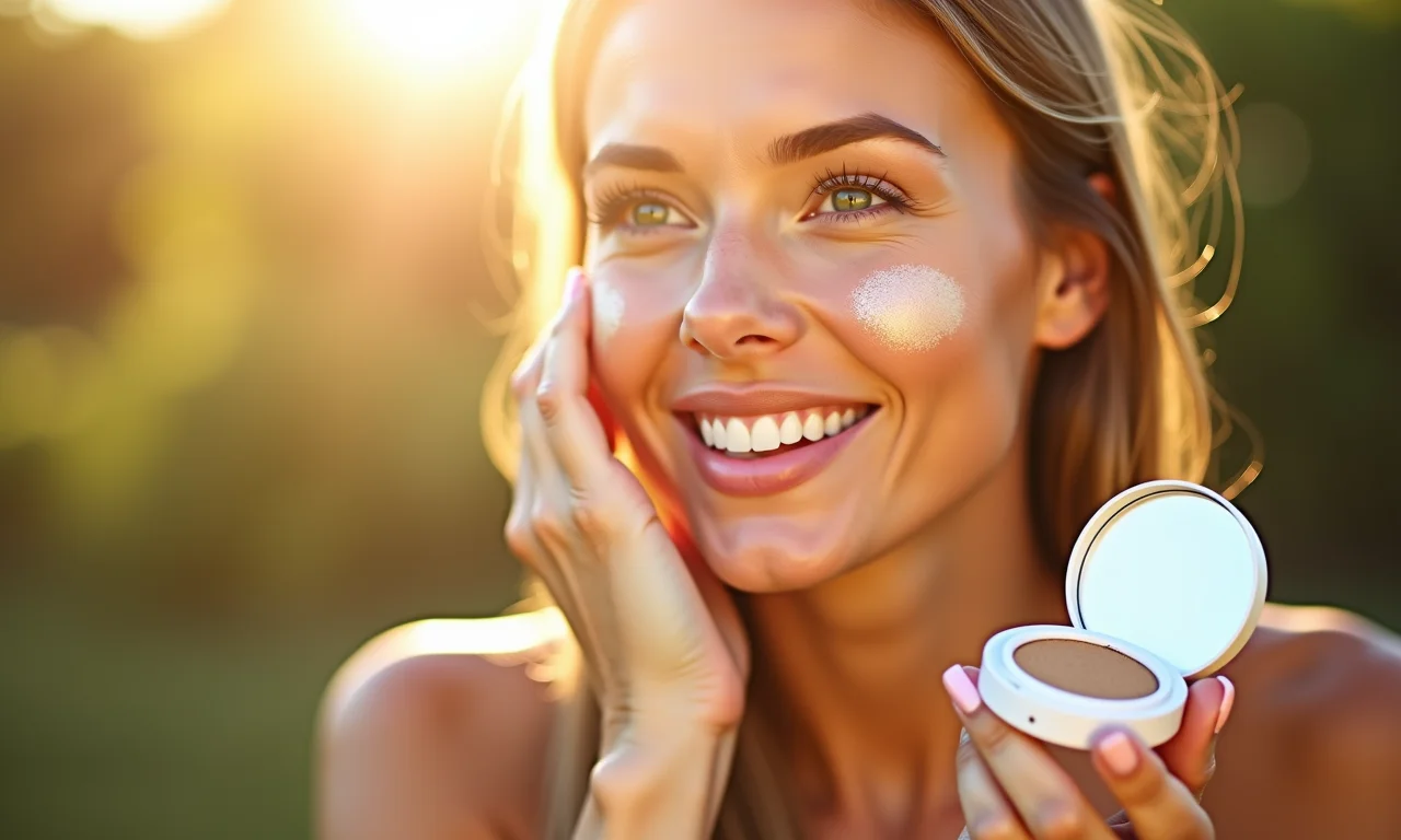 Mulher aplicando base cushion com FPS sob a luz do sol.