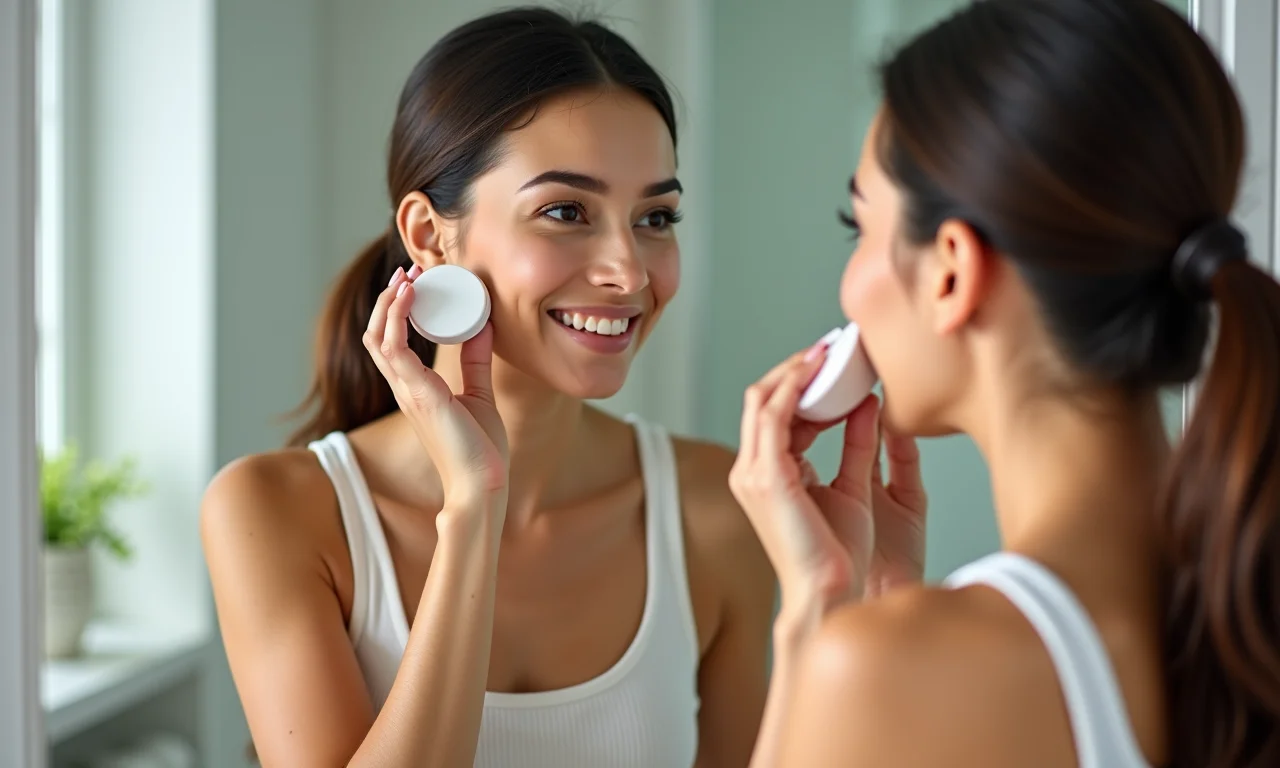 Mulher aplicando base cushion como parte da rotina diária.