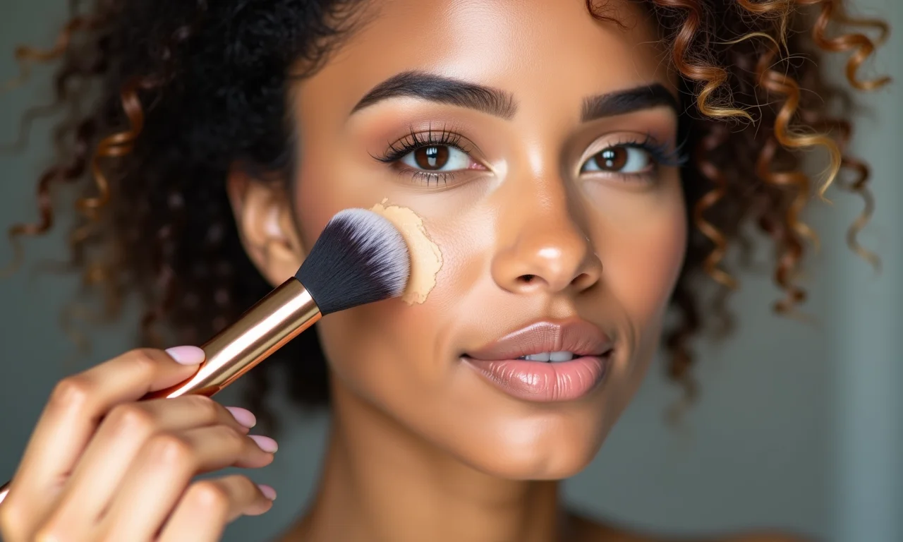 Mulher aplicando base de cobertura média a alta com pincel, pele impecável.