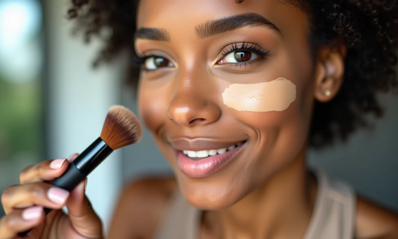 Mulher aplicando base e corretivo para uma videochamada profissional.