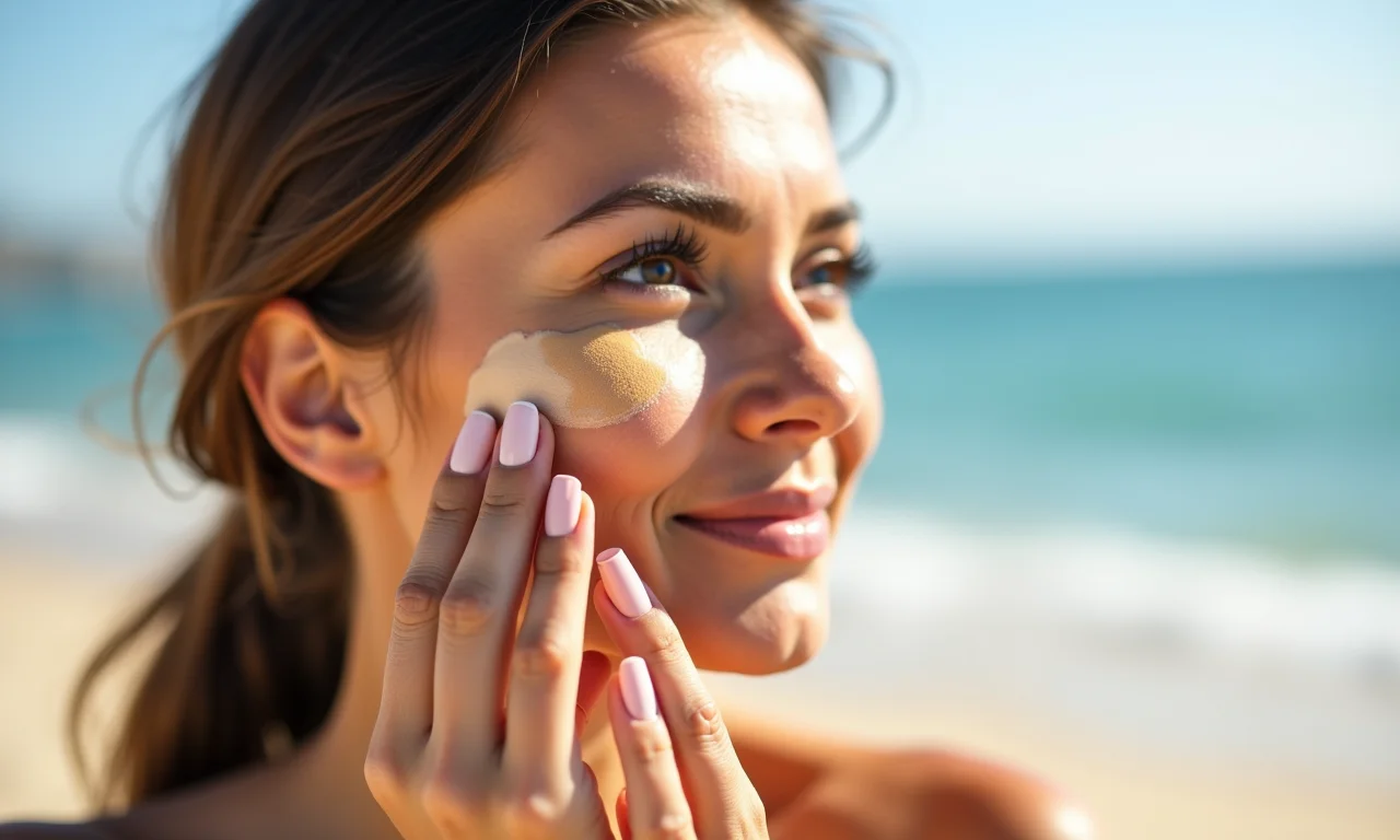 Mulher aplicando base leve com FPS no rosto, protegendo e uniformizando a pele na praia.