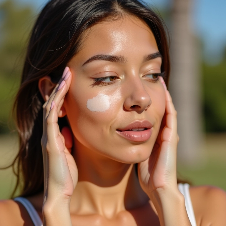 Mulher aplicando base não comedogênica com proteção solar ao ar livre.