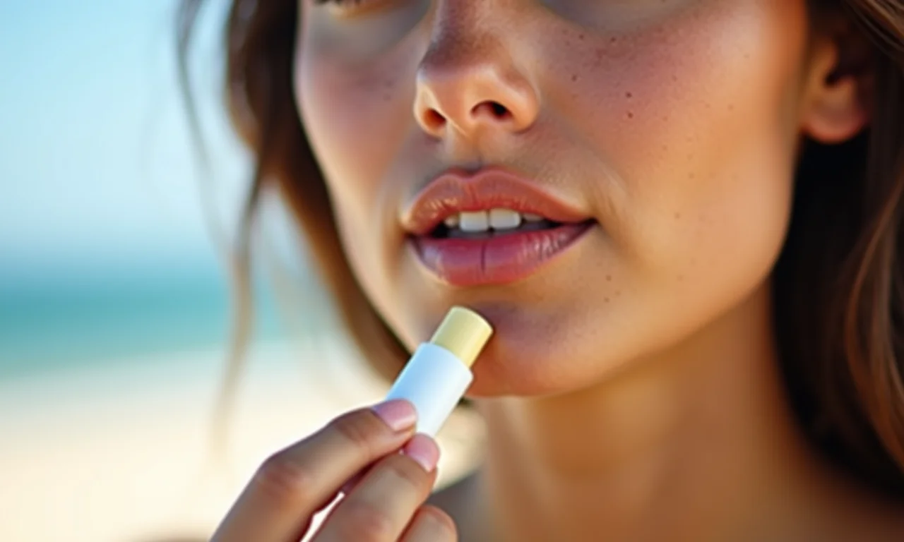 Mulher aplicando batom com FPS ou gloss labial para hidratar e proteger os lábios na praia.