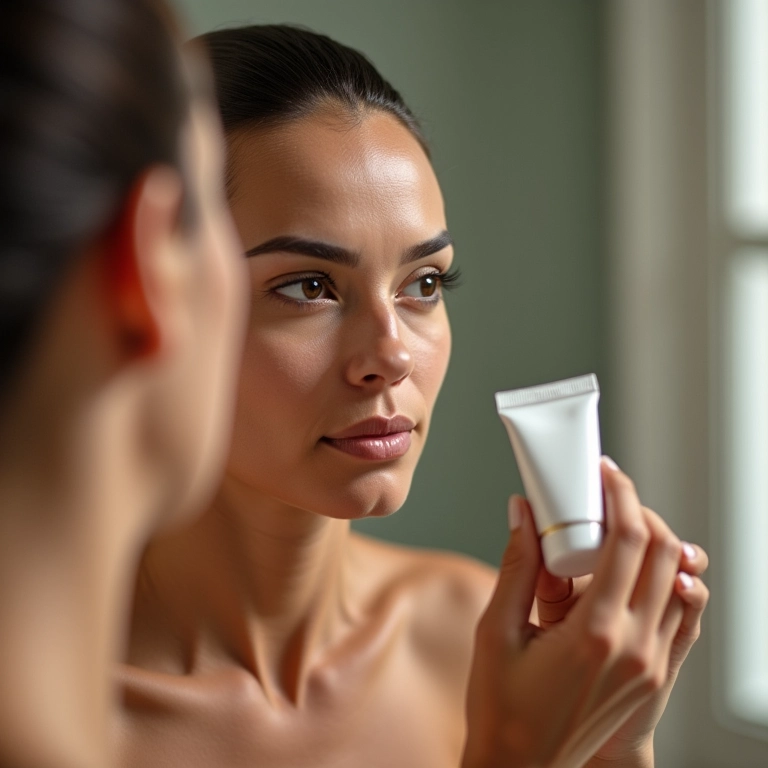 Mulher aplicando BB cream para viagem em banheiro iluminado.