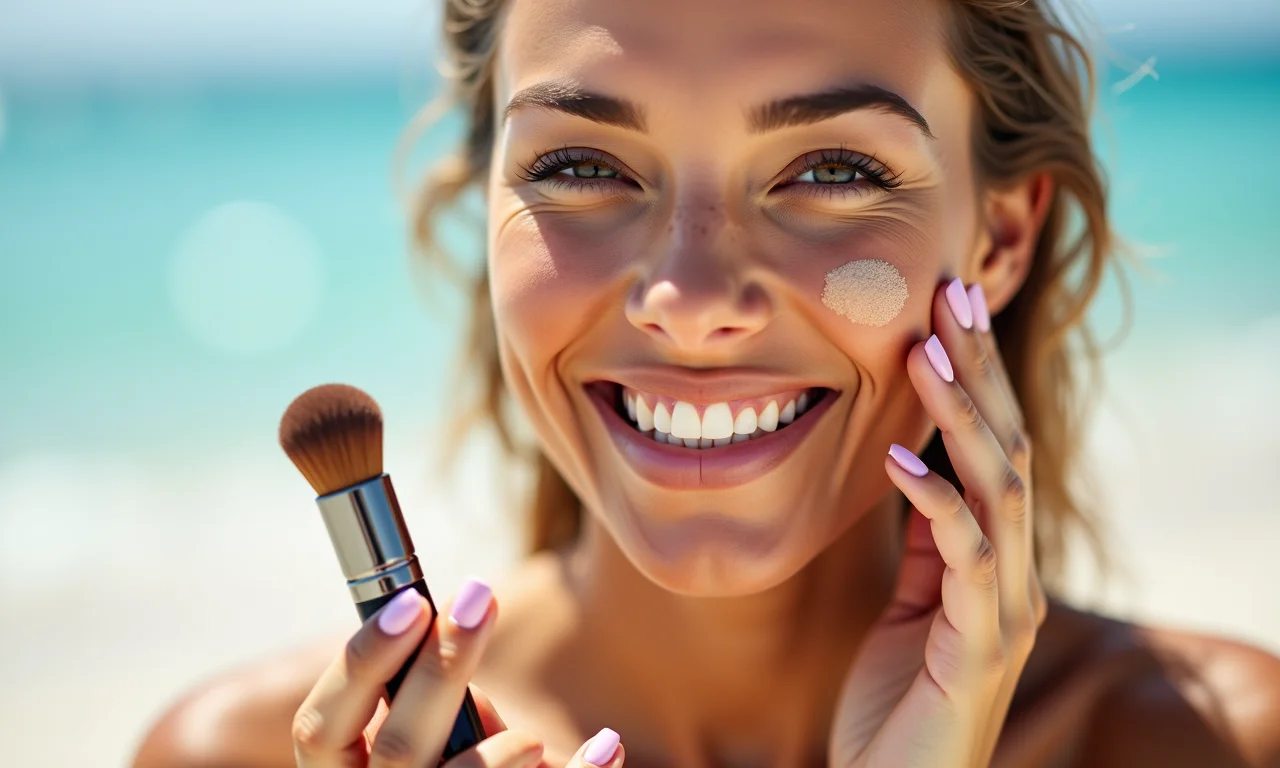Mulher aplicando blush bronzeador para um bronzeado natural na praia.