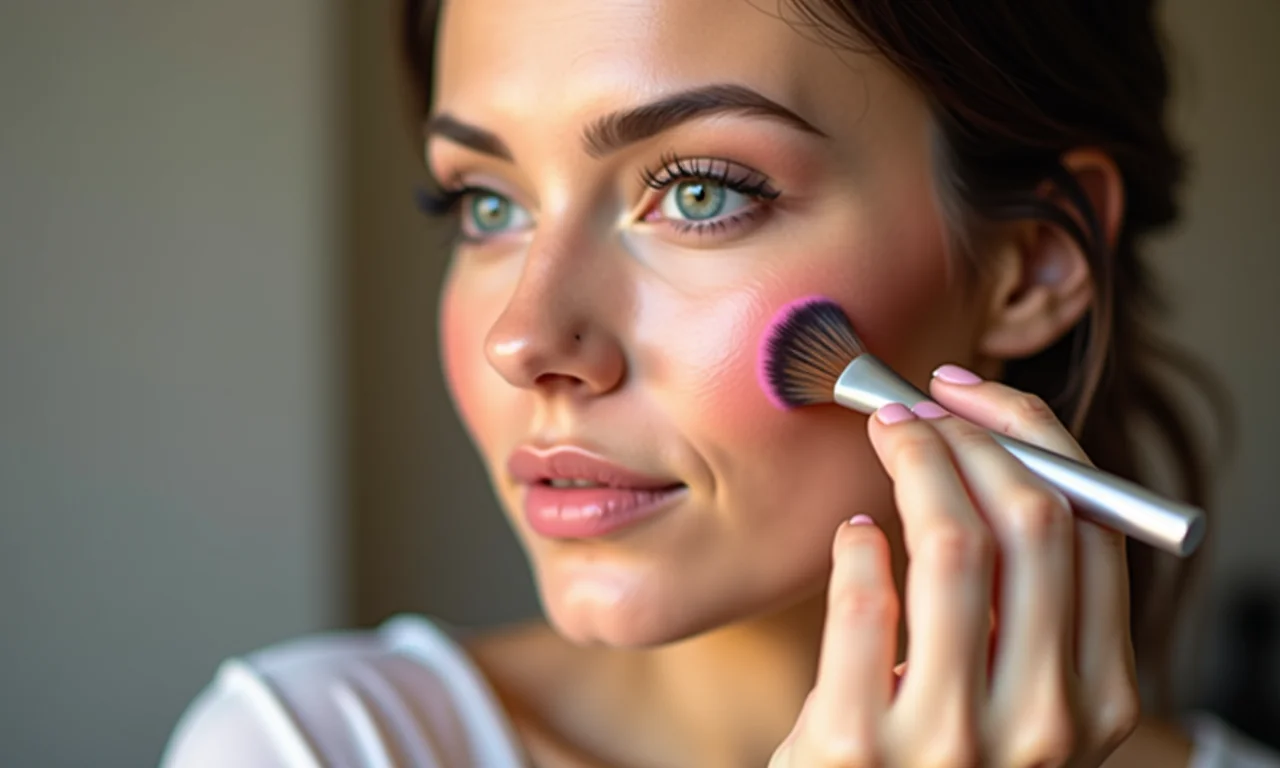 Mulher aplicando blush corretamente no rosto.