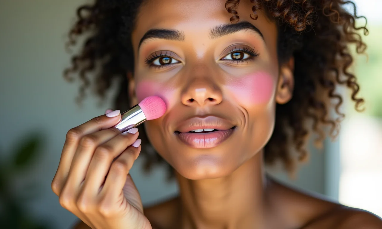 Mulher aplicando blush cremoso para um toque natural.
