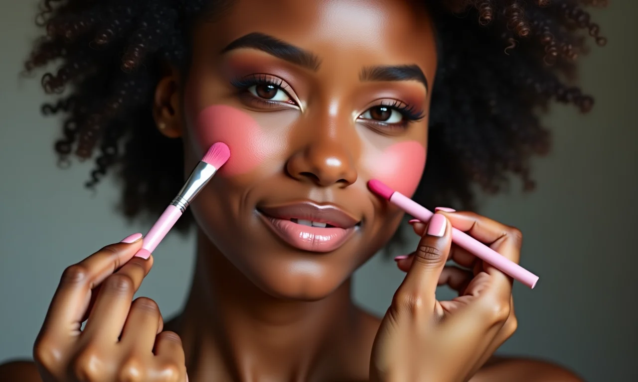 Mulher aplicando blush diagonalmente para alongar o rosto.