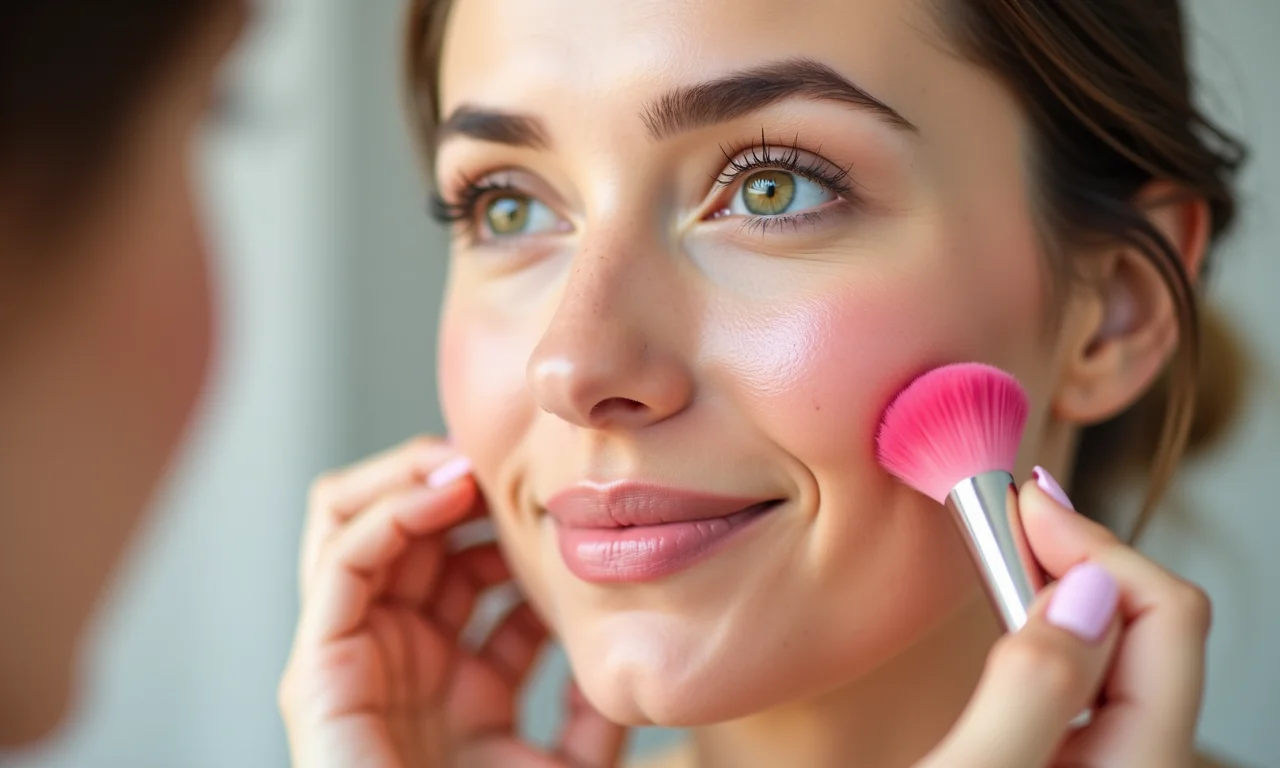 Mulher aplicando blush nas maçãs do rosto para um toque corado e saudável.
