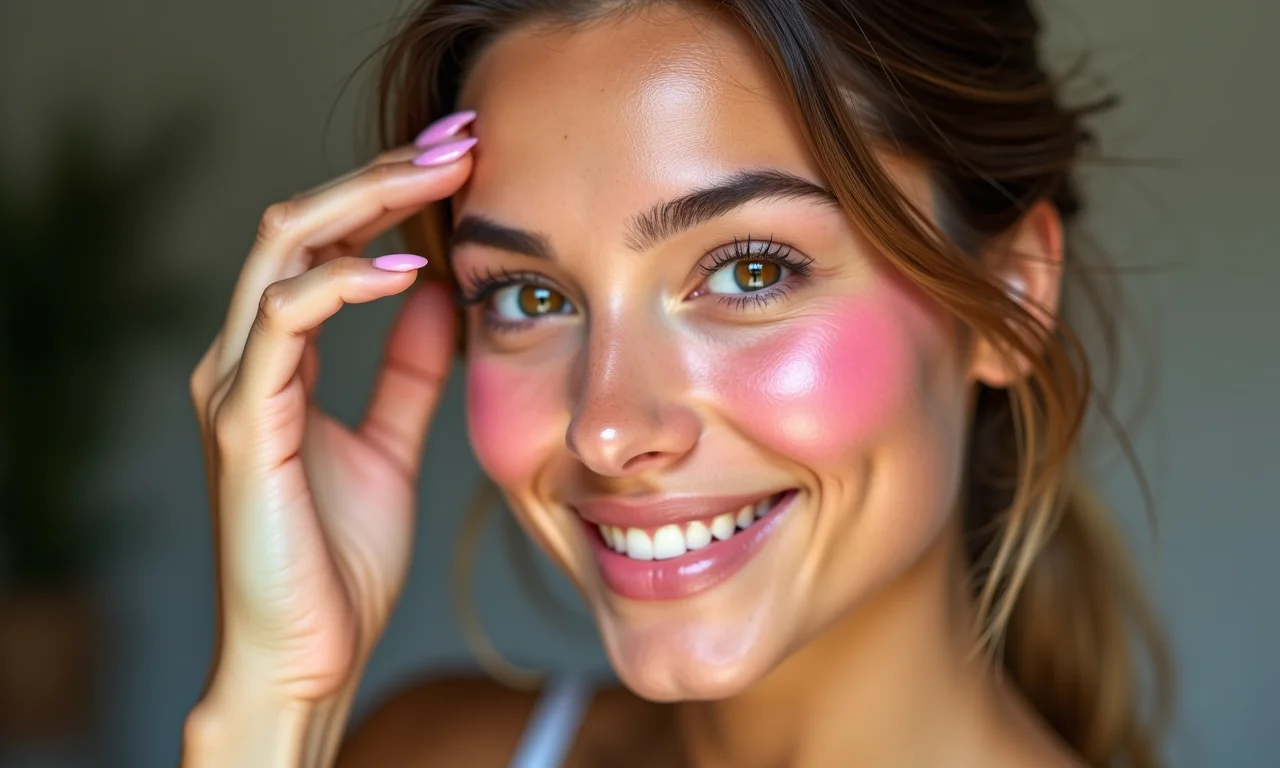 Mulher aplicando blush para um toque de cor e vida.
