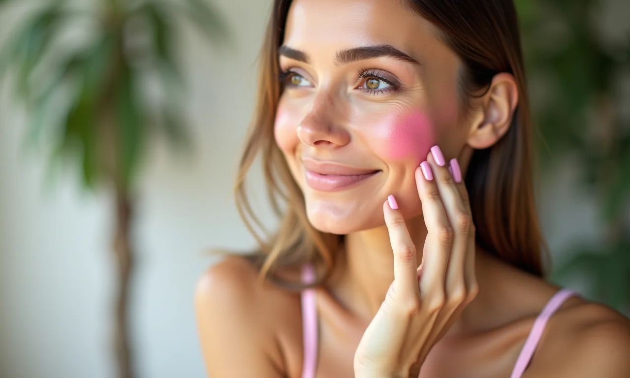 Mulher aplicando blush para um toque de saúde na maquiagem.