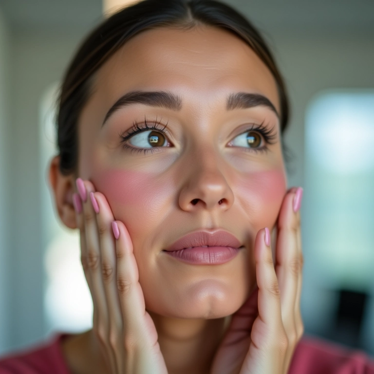 Mulher aplicando blush rosa suave no escritório.