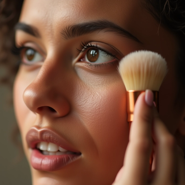 Mulher aplicando bronzer mineral vegano para um contorno natural e radiante.