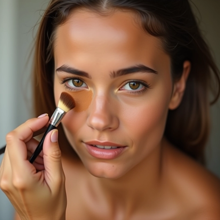 Mulher aplicando bronzer para um contorno suave e natural.