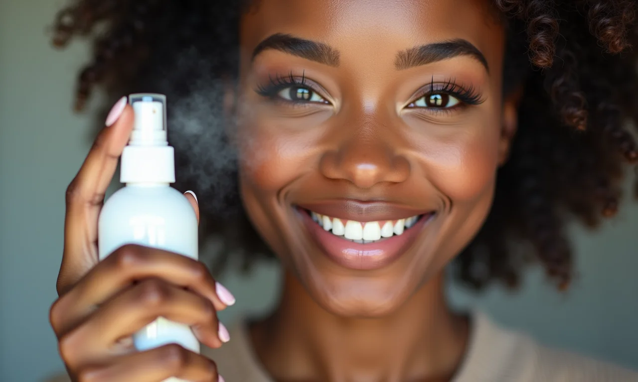 Mulher aplicando bruma fixadora no rosto maquiado.