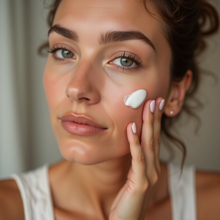 Mulher aplicando CC Cream, com destaque para a hidratação da pele.