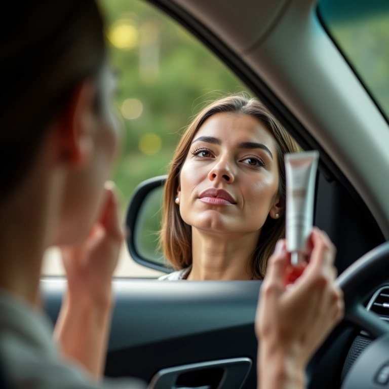 Mulher aplicando CC Cream rapidamente no carro, mostrando a praticidade.