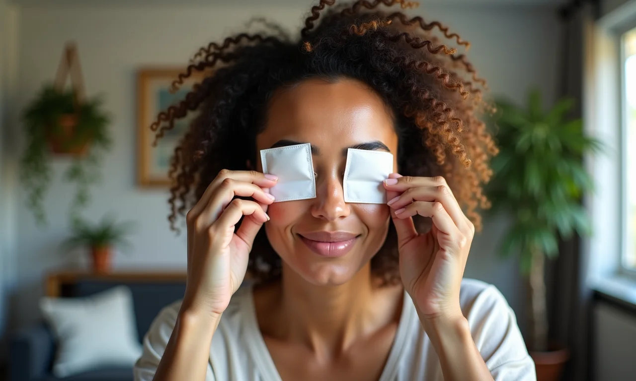 Mulher aplicando chá de camomila gelado para acalmar a pele.