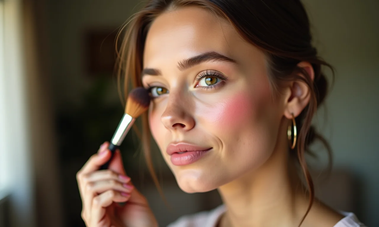 Mulher aplicando contorno leve e blush nas bochechas.