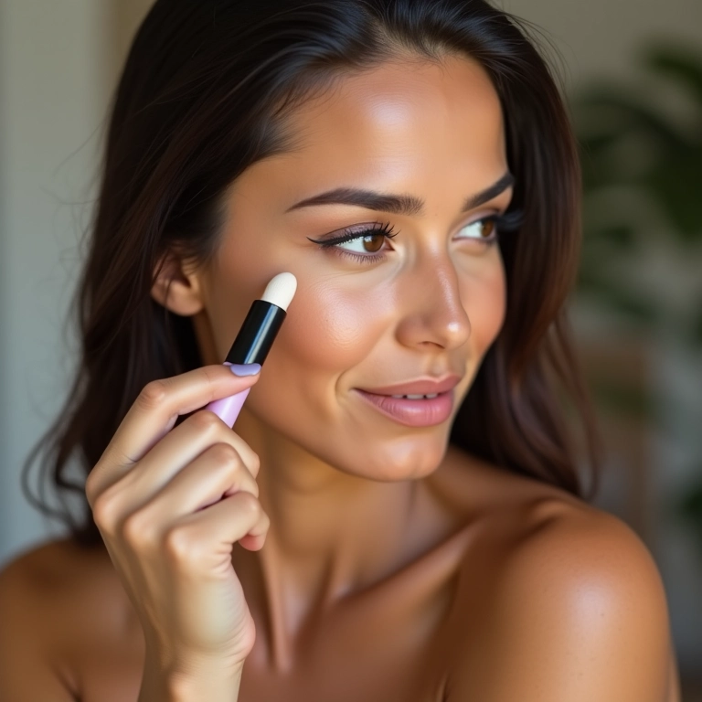 Mulher aplicando contorno mineral em bastão de forma prática.
