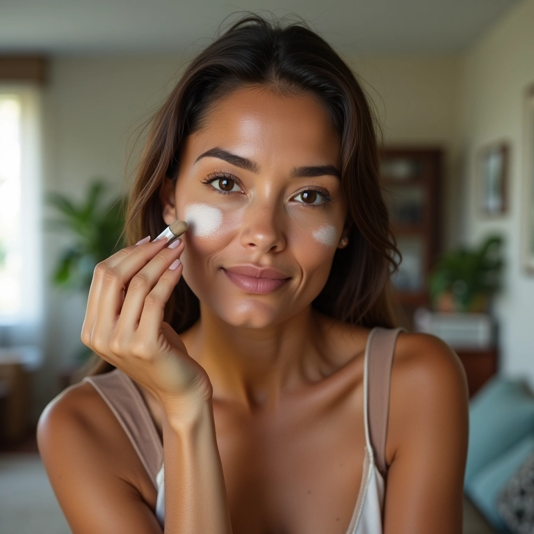 Mulher aplicando contorno mineral para o dia a dia em apartamento iluminado.