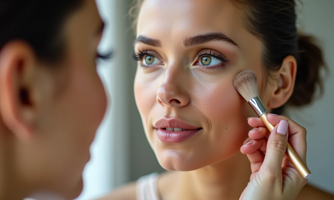 Mulher aplicando contorno nas maçãs do rosto para definir os traços.