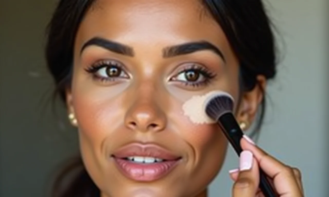 Mulher aplicando contorno suave no rosto.