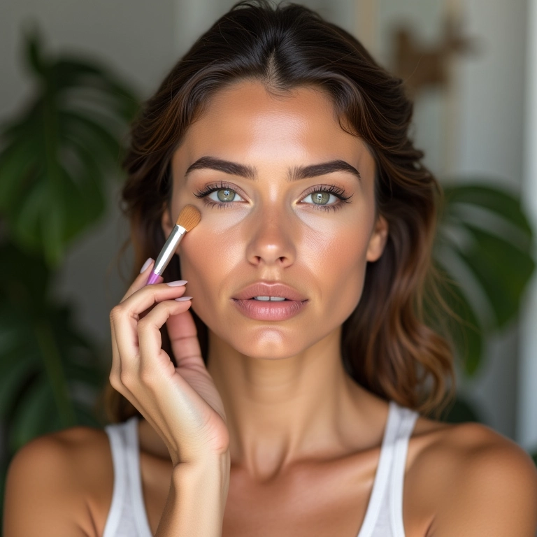 Mulher aplicando corretivo em pincel para uma cobertura uniforme.