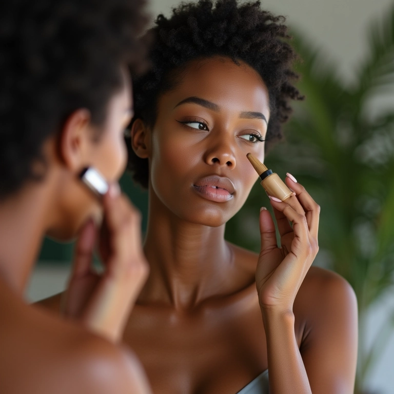 Mulher aplicando corretivo líquido no rosto em frente ao espelho.