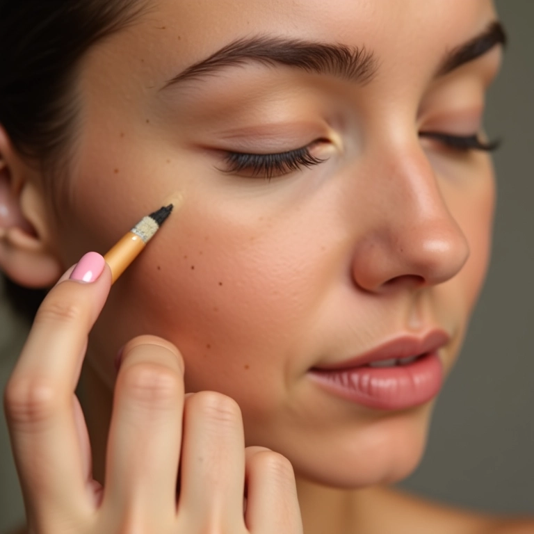 Mulher aplicando corretivo não comedogênico, pele impecável.