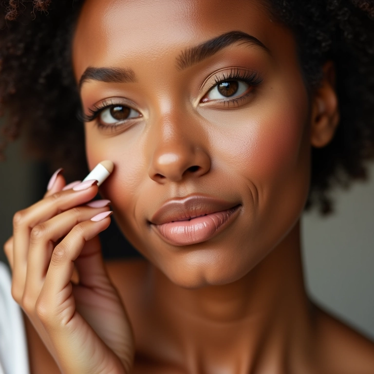 Mulher aplicando corretivo para um acabamento perfeito e à prova de fotos.