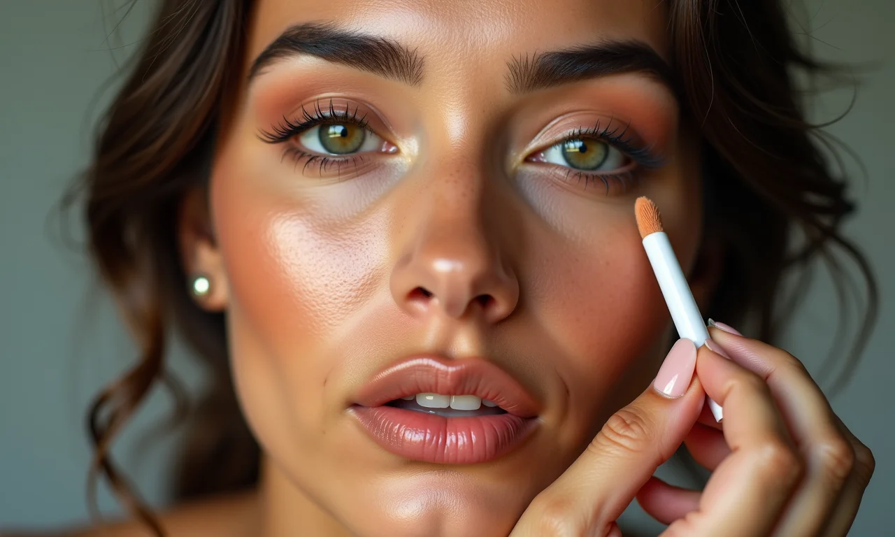 Mulher aplicando corretivo salmão para cobrir olheiras.