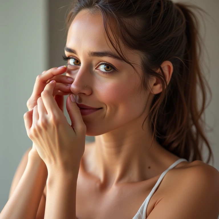 Mulher aplicando creme de cabelo como produto modelador, cores vibrantes.