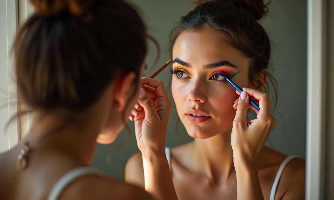 Mulher aplicando delineado gráfico colorido.