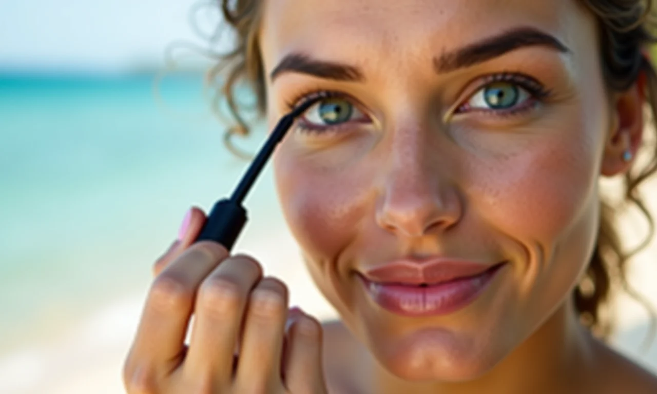 Mulher aplicando delineador à prova d'água para olhos definidos na praia.