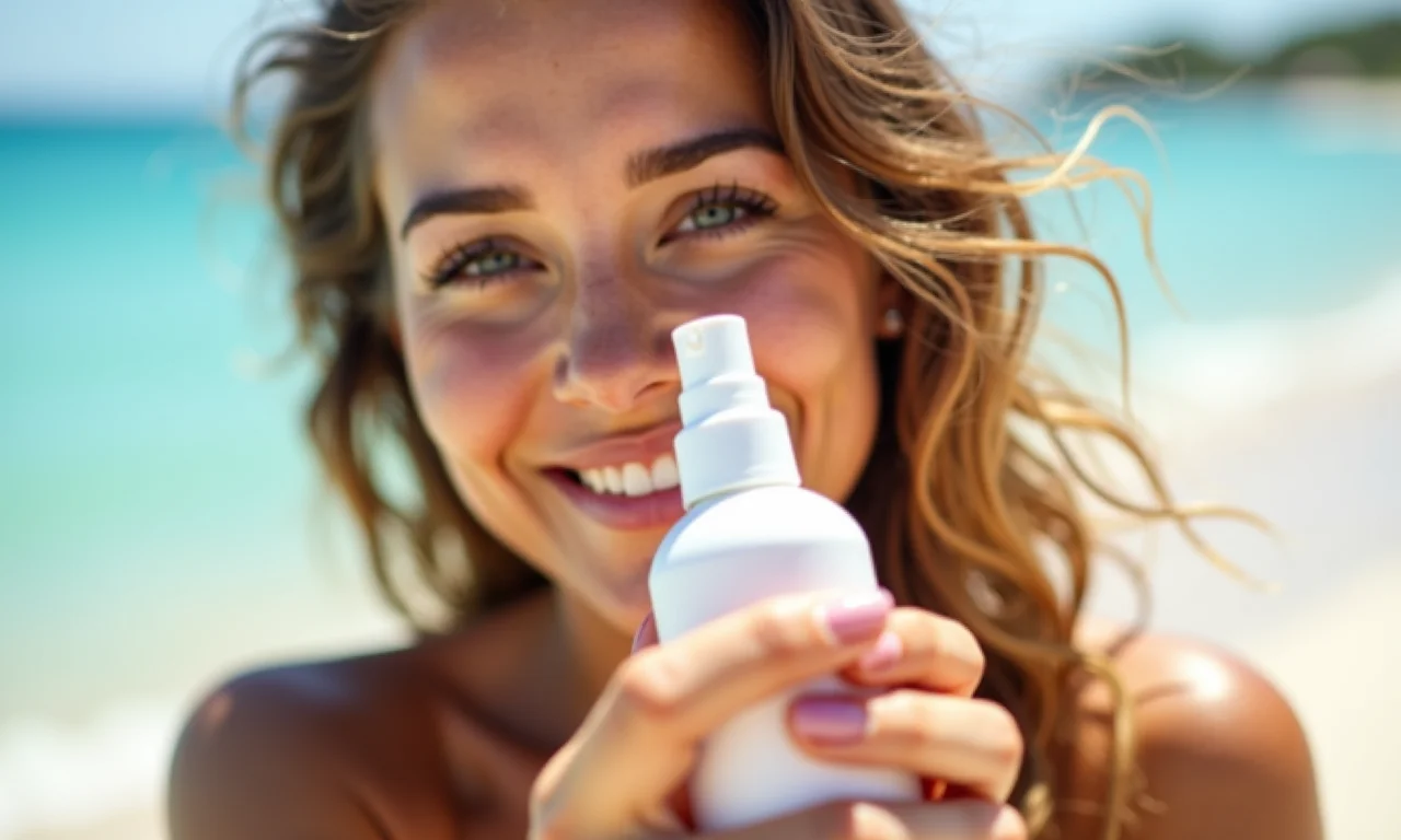 Mulher aplicando fixador com proteção solar em praia ensolarada.