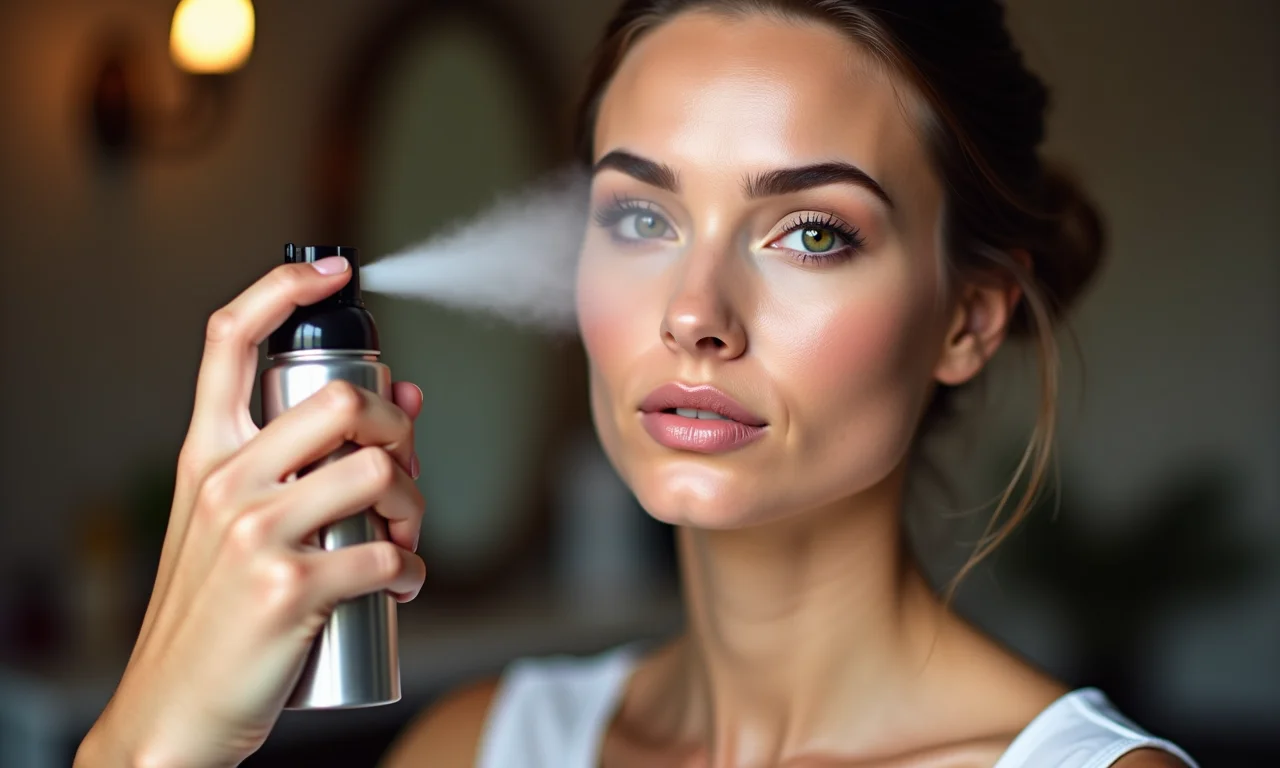 Mulher aplicando fixador de maquiagem após a técnica de baking.